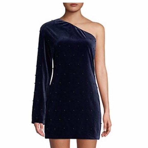 RtA NAVY VELVET AND PEARLS EDIE ONE SHOULDER MINI DRESS SIZE 4 - Picture 4 of 16